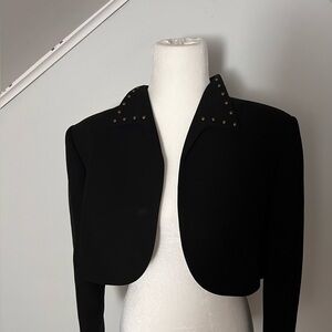 Tahari 14 black cropped blazer long sleeve jacket gold studs bolero
